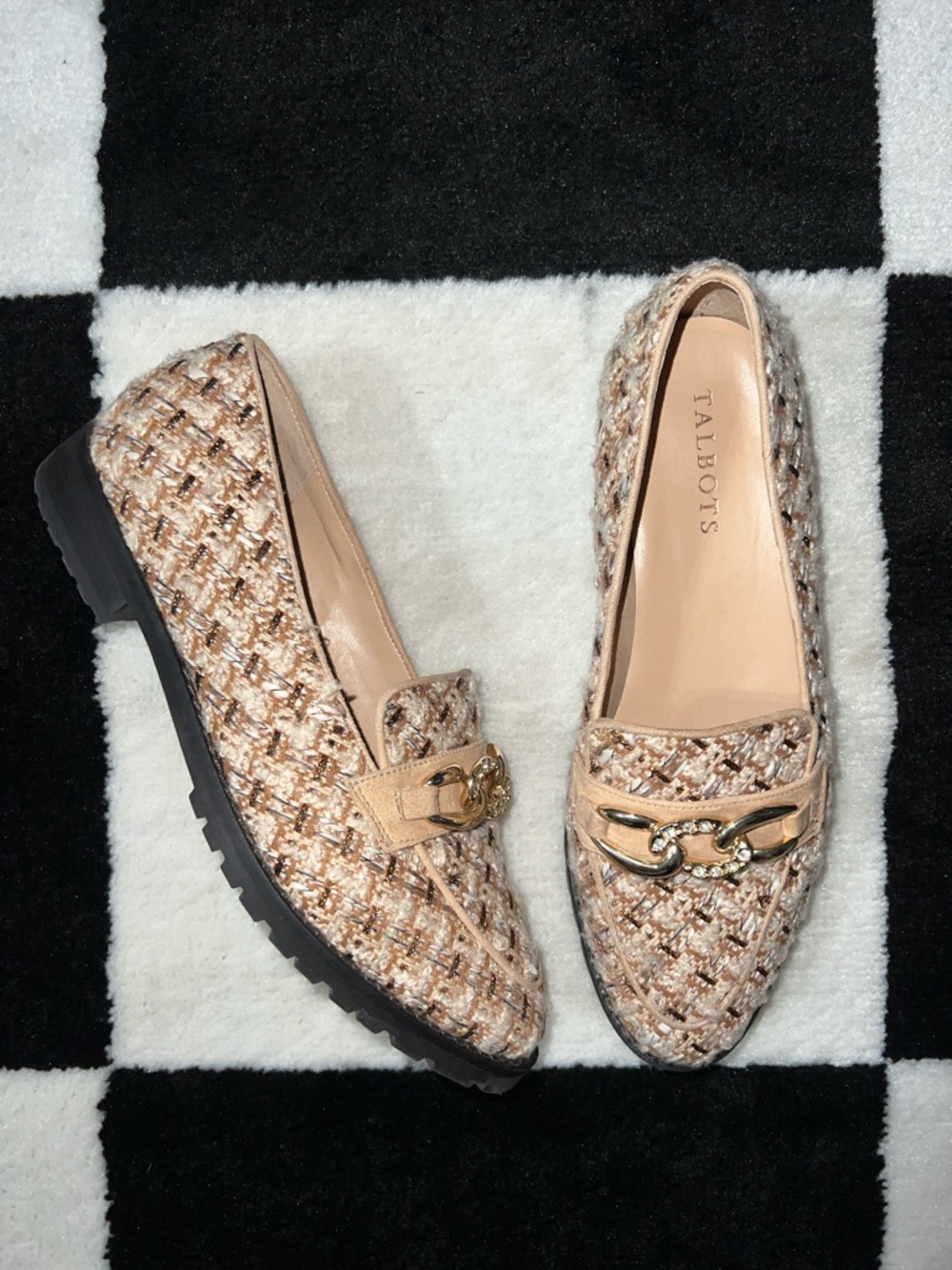 Talbots Beige Tweed Loafers with Gold Chain Accent